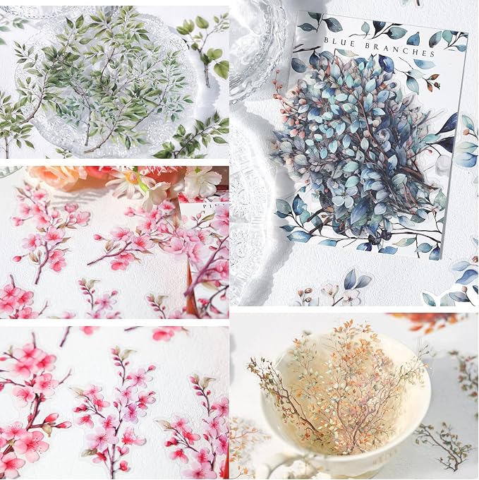 120 Pieces Botanical Colorful Branches PET Stickers, 6 Pack Aesthetic Background Decorative Stickers for Scrapbooking, Journaling, Creative Journal Supplies, and DIY Crafts