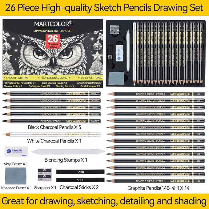 MARTCOLOR 26 Pcs Drawing Sketching Pencil Set, Graphite Pencils (14B-4H) | Charcoal Pencils, Charcoal Sticks, Blending Stump, Eraser, Sharpeners, Artist Pencils for Beginners & Pro Artists