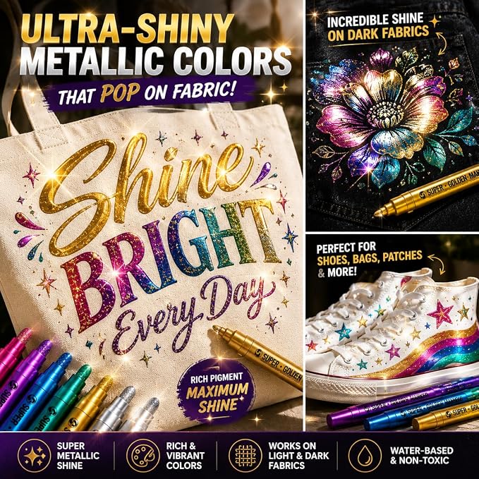 SAKEYR Super Golden Metallic Paint Markers, 12 Colors Sparkle Metallic Glitter Markers, Acrylic Paint Pens for Rock Painting, Glass, Wood, Fabric, Black Paper, Cards, Scrapbook, DIY Art Crafts (2-3mm)