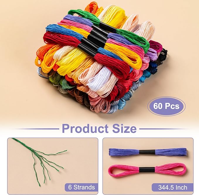 Amrules Friendship Bracelet String, 60 Pcs Embroidery Floss, Colorful | Including 344.5" Cotton Cross Stitch Thread, Hand Embroidery Thread for DIY Sewing and Embroidery Crafts Making with Tools