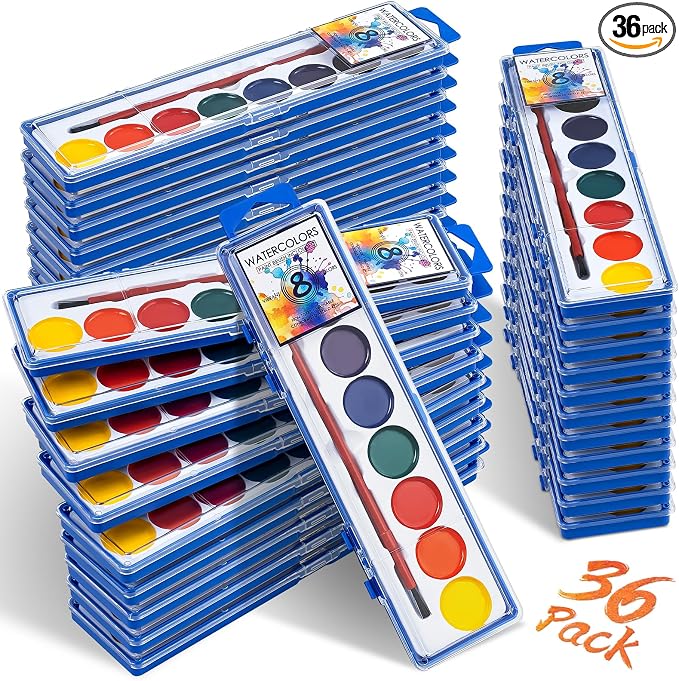 36 Pack Watercolor Paint Set, Washable Water Color Paint Bulk for Kids | Water Paint with Brushes, Ideal Gifts for Party Favors, School Supplies & Classroom Prizes, Art Activities, 8 Colors