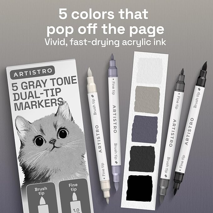 ARTISTRO 5 Gray Tones Dual-Tip Acrylic Paint Marker Pens for Drawing | For Fabric, Rock, Glass, Wood, & Molds, Arts & Crafts Gift for Adults, Teens, & Kids, Classroom Must Haves & School Supplies