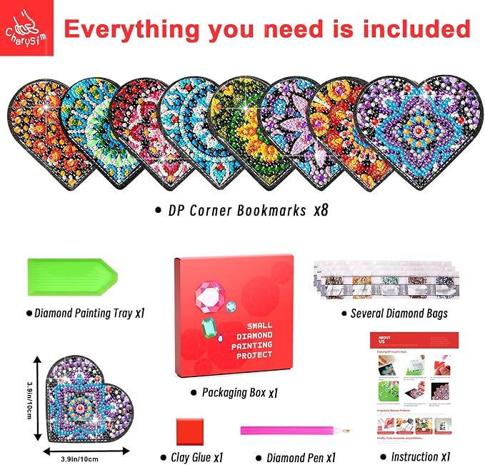8 PC Diamond Art Painting Bookmark for Adult Craft Gem Bedazzling Kit Women | Bead Art Leather Book Mark Christmas Craft Making Kit Rhinestone Pearl Art DIY Paint by Dots Book Lover Gift Black Heart