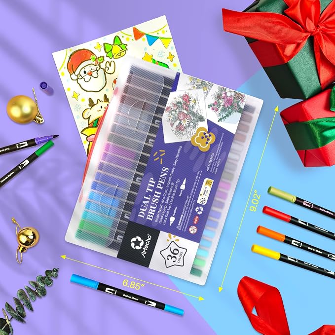 Artecho 36 Colors Dual Tip Markers for Adult Coloring Books | Drawing Pens For School, Fine and Brush Tip, Calligraphy, Drawing, Sketching