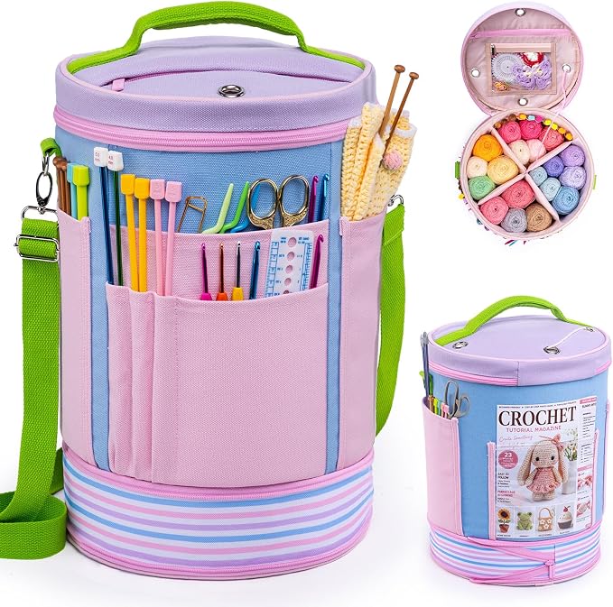Canvas Yarn Storage Organizer with Removable Dividers, Crochet&Knitting Bag | Expandable canvas yarn organizer with removable dividers, yarn feed holes, project storage and multiple tool pockets