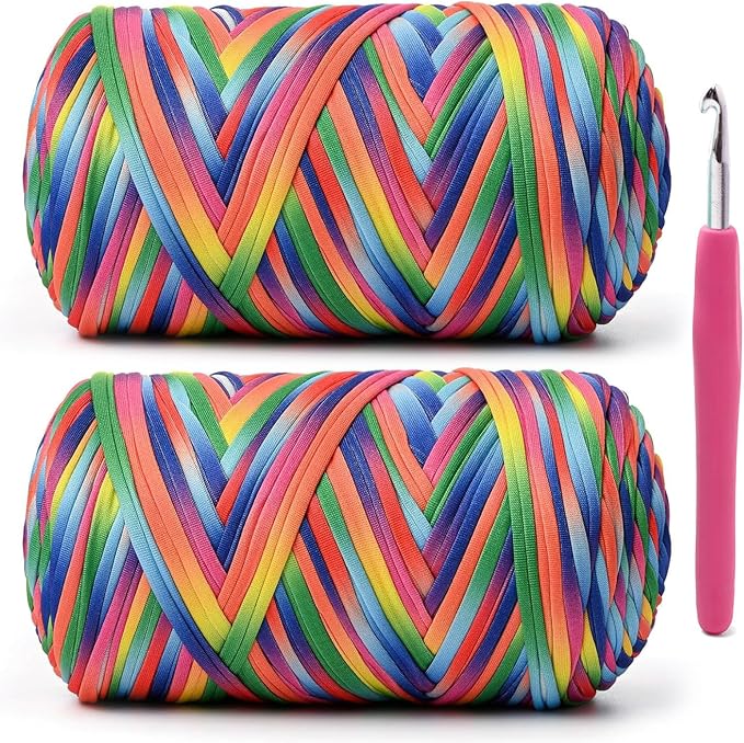 2 Pack Soft Tshirt Crochet Yarn, 800g/228yds High Elastic Hand Knitting Yarns, Thick T Shirt Yarn for Crocheting Bags, Baskets, Cushions, DIY Crafts (Rainbow+Rainbow)