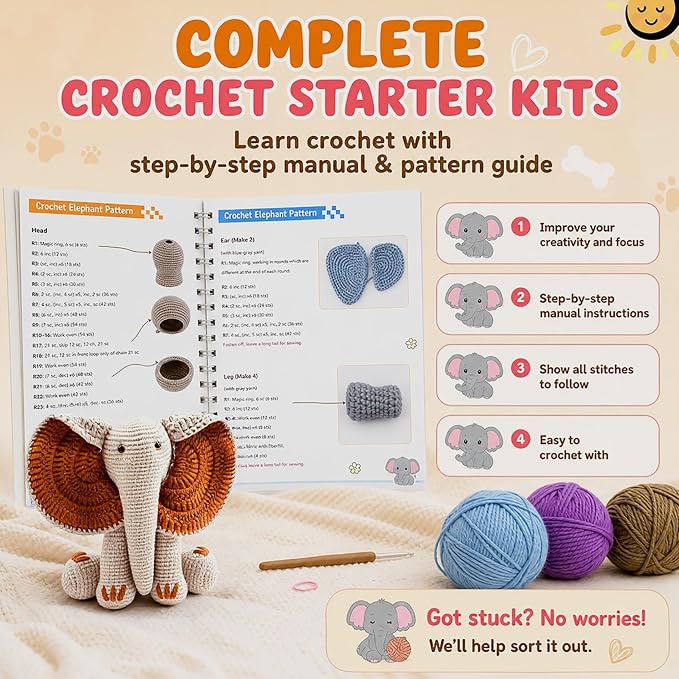 JYZJDKE Crochet Kit for Beginners Adults - DIY Amigurumi Elephant Knitting Starter Kit with Yarn Sets, Crochet Animal Kit Cute Stuffed Animal Craft Birthday Gifts (Beige White+Tiffany Green Elephant)