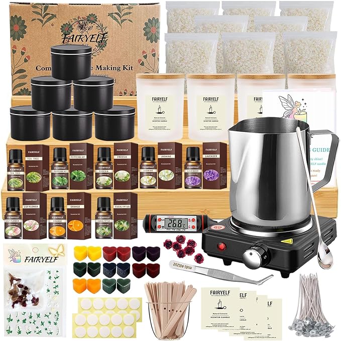 FAIRYELF Soy Candle Making Kit for Adults & Hot Plate, DIY Starter Supplies | Includes Glass Jars, Tins, Scents, Soy Wax, 3D Decorative Flowers & Color Dyes, Aromatherapy Craft for Home Decor & Gifting