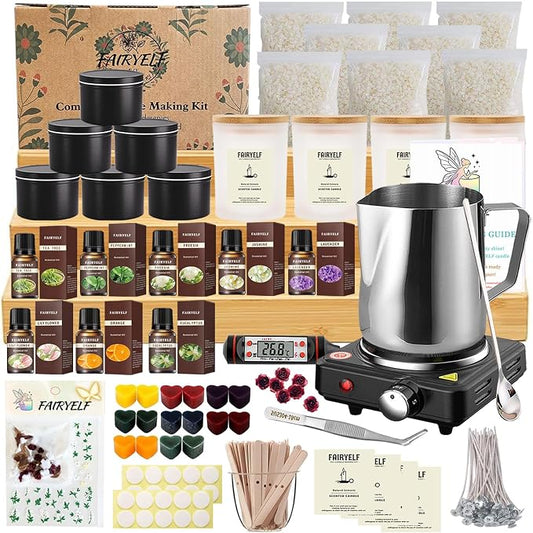FAIRYELF Soy Candle Making Kit for Adults & Hot Plate, DIY Starter Supplies | Includes Glass Jars, Tins, Scents, Soy Wax, 3D Decorative Flowers & Color Dyes, Aromatherapy Craft for Home Decor & Gifting