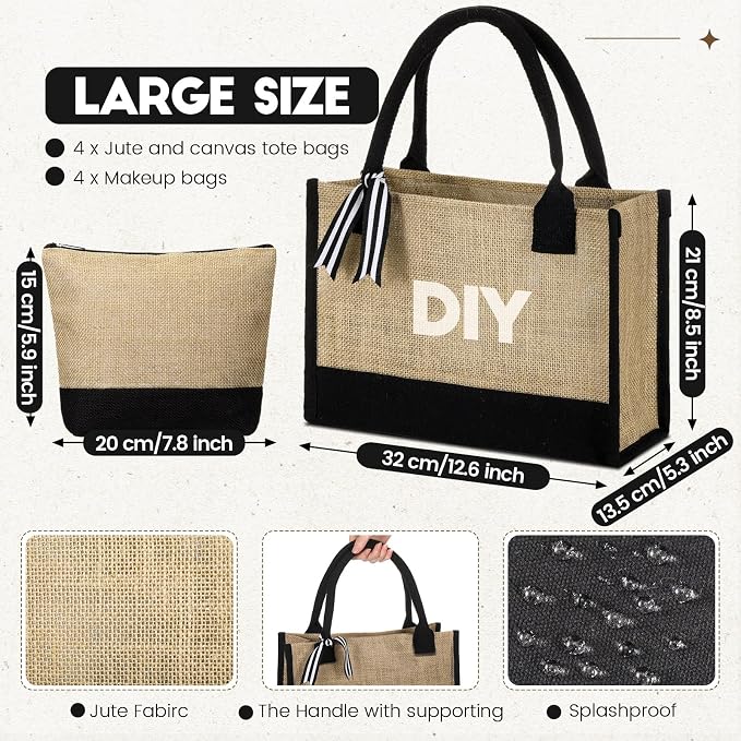 Sweetude 4 Set Jute Burlap Tote Bag with Canvas Makeup Pouch Reusable DIY Craft Blank Gift Bags for Wedding Bridesmaid(Simple,Black)