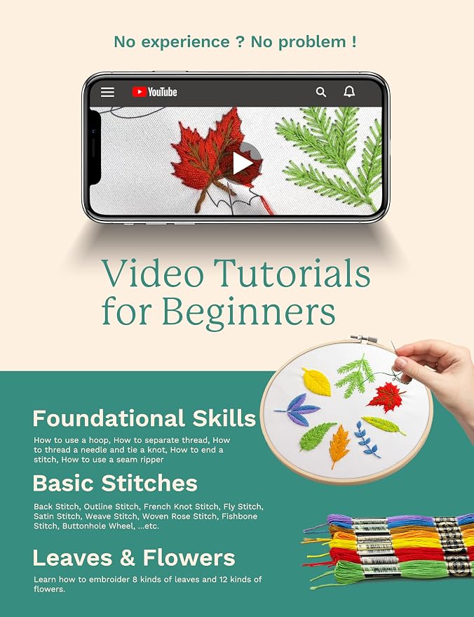Bradove Leaves and Flowers Embroidery Kit for Beginners with Patterns | Beginner Embroidery Kit for Adults and Kids, Hand Embroidery for Beginners, Learn to Embroider Kit Adult Beginner