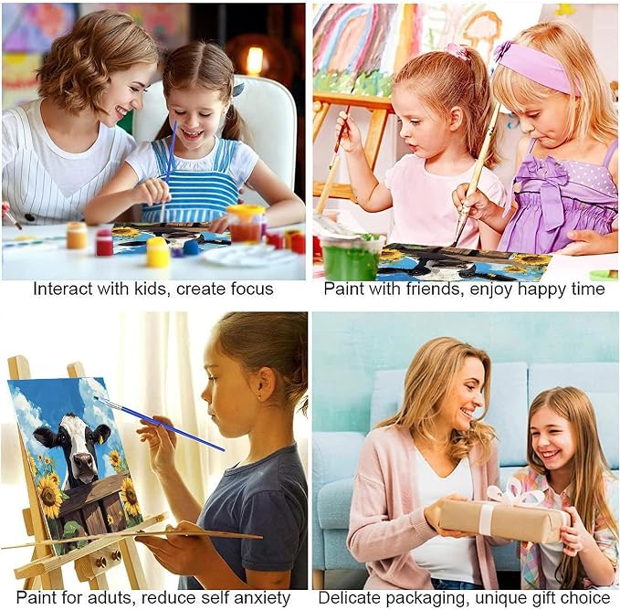 ajepon Cow Paint by Numbers Kit for Kids with Frame - Highland Cow Paint by Number for Kids, Kid Painting by Number Kits Age 6-8 for Home Wall Decor 8X8inch (with Wooden Easel)