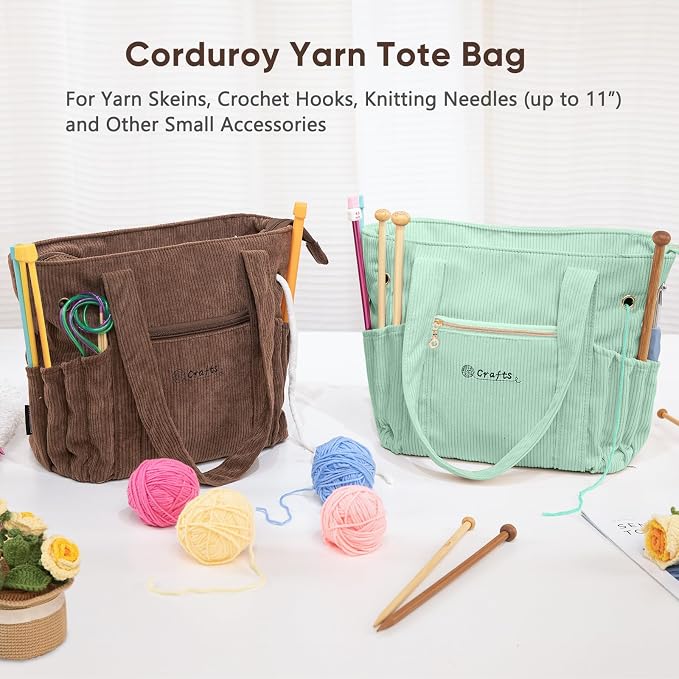 MYBAGZING Corduroy Crochet Bag 11.5" Large Yarn Storage Tote with Grommets, Needle Holders – Knitting Bag Organizer for Crochet Hooks, Accessories, Tools & Projects –Gift for Knitters & Crafters