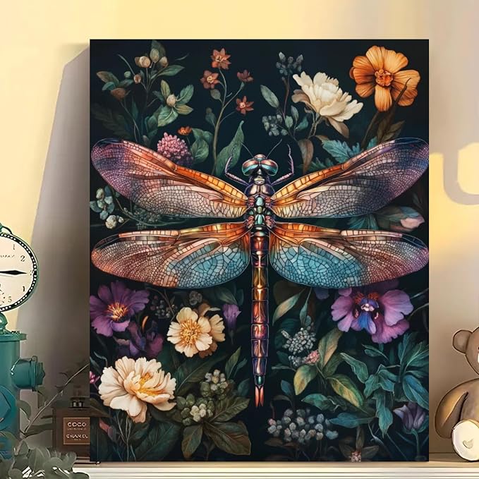 Dragonfly Paint by Numbers Kit for Adults Beginner 16x20inch(Without Frame) | Flowers Adult Paint by Number Kits on Canvas, DIY Acrylic Oil Painting by Numbers for Adults for Gift Home Wall Decor