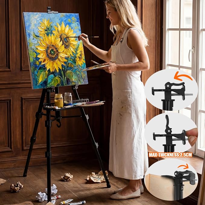 Adjustable Artist Easel - 19.69" to 61.8", Portable Folding Tabletop or Floor Easel with Brush Tray, Carry Bag, 4 Clips, 5 Palette Knives for Painting, Display, and Art Exhibitions (Black)