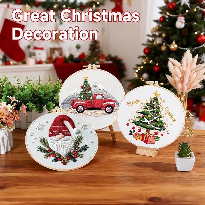 TPZBWG Christmas Embroidery Kit, 4 Pack Cross Stitch Kits,DIY Embroidery Starter Kit for Adults & Beginners, DIY Needlepoint Kit with Embroidery Hoop Thread Needle for Craft Lover Birthday Gifts 1