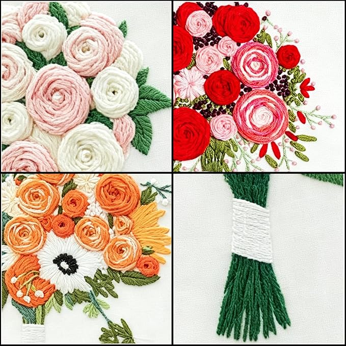 CHIYOSING Embroidery Kit for Beginners Adults, 3 Floral Pattern to Learn Over 30 Different Stitches,Includes Step-By-Step Instructions,Sharp Scissors and 2 Exquisite Hairpins and Multiple Accessories