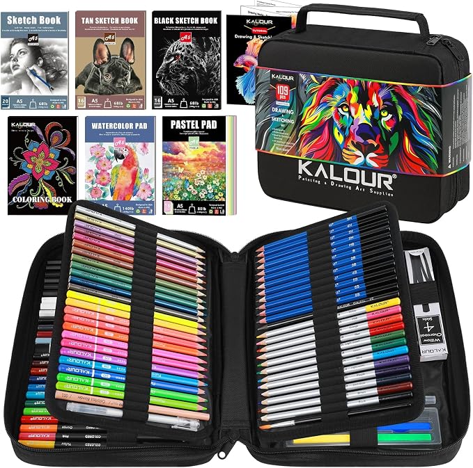 109 Drawing Set Sketching Kit, Pro Art Supplies with Fluorescent, Colored, Watercolor, Metallic, Graphite, Charcoal Pencils, 5 Sketchbook and Coloring Book, for Artists Adults Teens Beginner