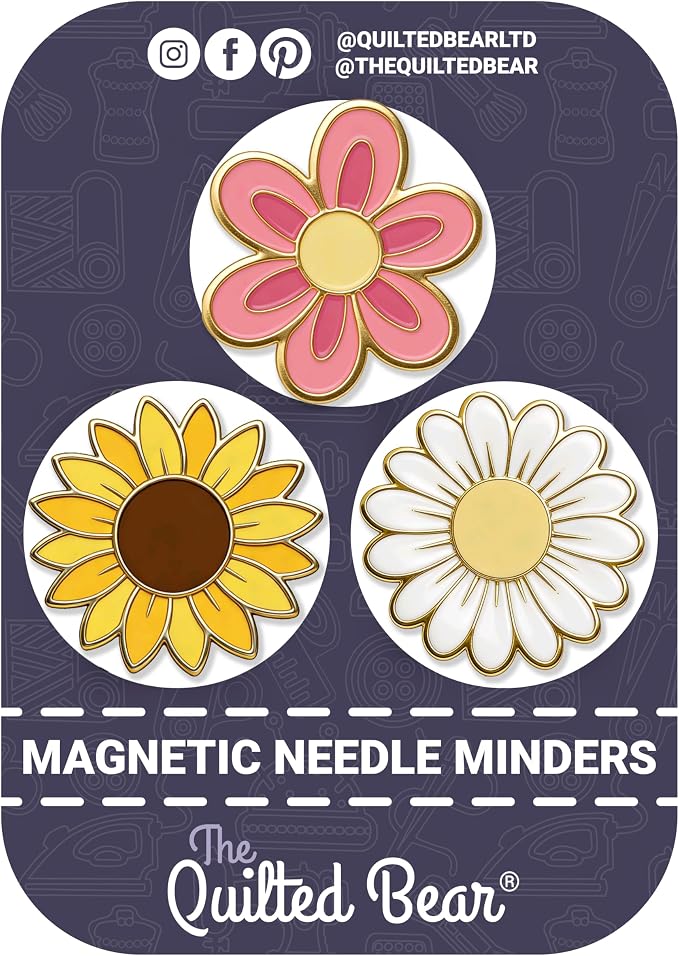 The Quilted Bear Magnetic Needle Minders, Set of 3 Flowers | Daisy, Pink and Sunflower Enamel Needle Keepers for Embroidery & Cross Stitch, Secure Holder for Needles, Strong Magnet