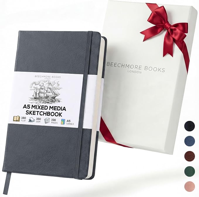 Beechmore Books A5 5.8x8.3 Mixed Media Sketchbook 160 GSM/98LB, Gift Box | Hardcover Art Journal with Lay-Flat Binding, 156 Perforated Ivory Pages, Portable Size for Drawing, Ink & Light Watercolor