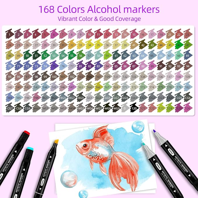 168 Colors Alcohol Markers, Permanent Dual Tip Art Markers with Fine Tip & Chisel Tips for Coloring, Illustrations, Drawing, Sketching Perfect for Adults with Carrying Case