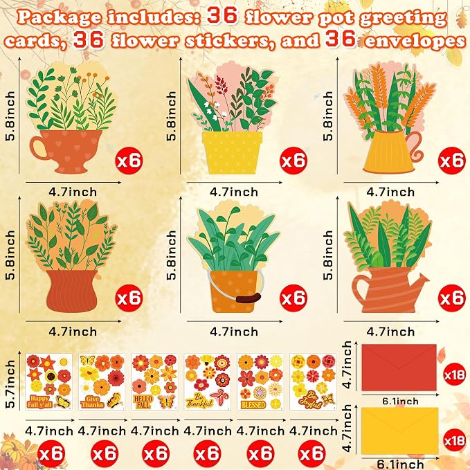 36 Set Fall DIY Craft - Thanksgiving Flower Card Making Kit with Autumn Greeting Cards Stickers Envelopes Set Gifts for Activities