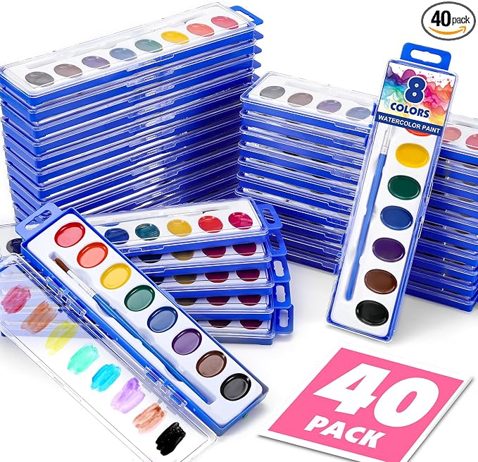 40 Pack Watercolor Paint Set Bulk,8 Colors Water Color Paint Set for kids with Paintbrush.Washable Watercolors Paint for Parties,Birthday Party Favor,Valentines for kids,Art Supplies and Classroom
