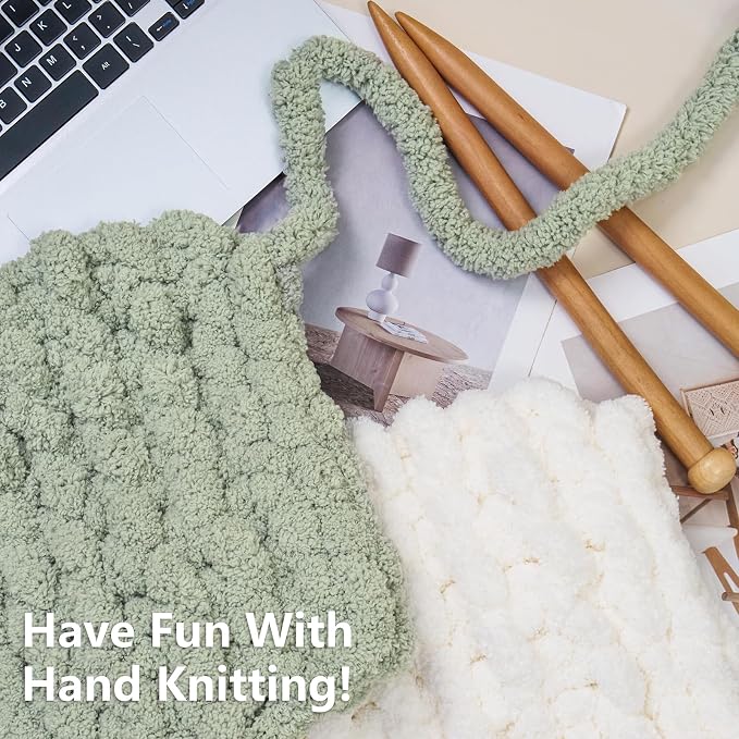 Cozyful Chunky Yarn for Hand Knitting - #10 Chunky Chenille Yarn, Jumbo Big Thick Chunky Yarns for Crocheting, Super Bulky Chunky Knit Blanket Yarns, 8 Skein (22yd, 8oz/Skein), Cream & Sage