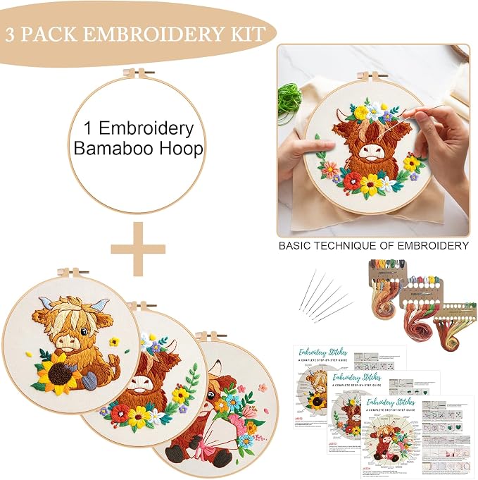 Nuberlic 3 Pack Embroidery Kit for Beginners, Highland Cow Embroidery Kits