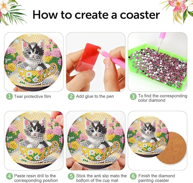 8 Pack Diamond Art Coasters Kits - Cute Cat Diamond Painting Coasters
