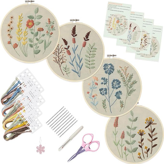 Bonroy 4 Sets Embroidery Kit for Beginners,Embroidery Kit for Art Craft Handy Sewing Include Embroidery Clothes with Pattern,Embroidery Hoops, Instructions,Color Threads Needle Kit (Multi 5)