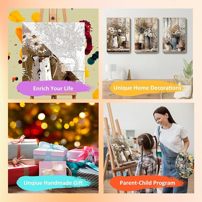 Mandun Farmhouse Paint by Numbers Kit for Adults,3 Pack, 7.8x11.8 inch | DIY Painting Kits Crafts for Adults, Relieve Stress, Frame Canvas, Wooden Easel, Gift Box, Home Wall Decor