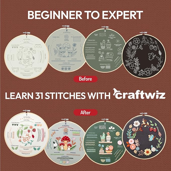 Craftwiz 4-Piece Starter Embroidery Kit for Beginners with Simple Patterns, Learn to Embroider 31 Stitches with Hand Embroidery Kit