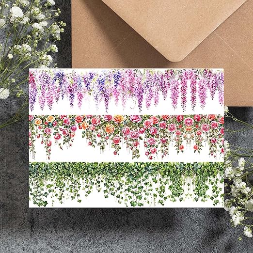 3 Rolls Floral Washi Tape Set, Colorful Rose Vine Scrapbook Tape Self-Adhesive Washi Tapes Vintage Flower Stickers for Journaling, PET Floral Tape Stickers for Scrapbooking Junk Journal Supplies