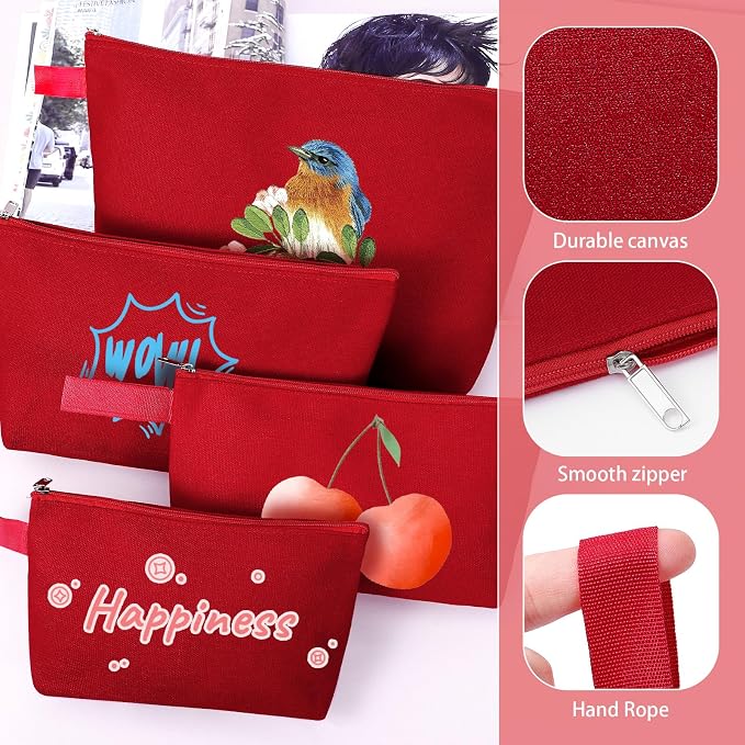 10 Pieces Cotton Canvas Makeup Bag with Bottom and Strap, Multi-Purpose Cosmetic Bag with Zipper Travel Toiletry Pouch, Blank DIY Craft Bag (Red, XS)