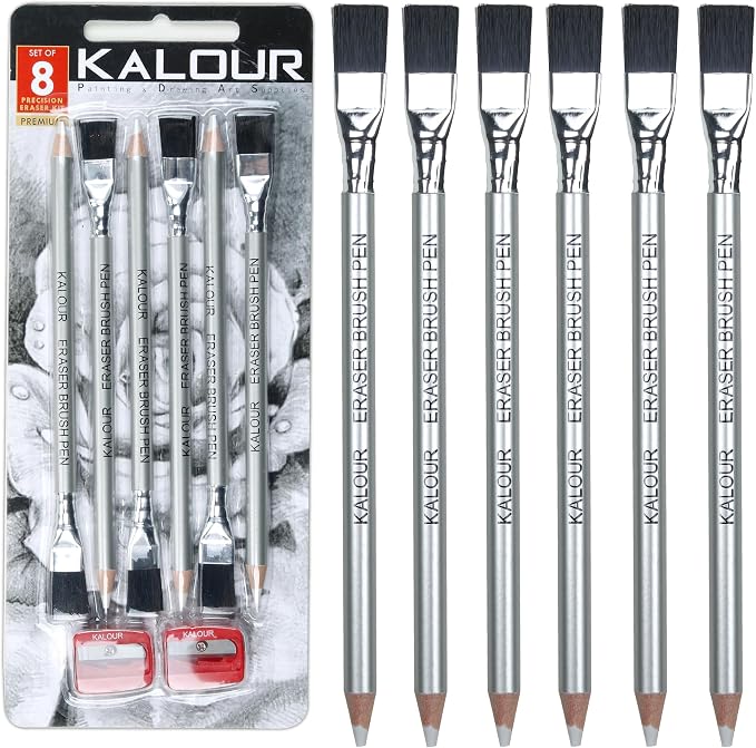 KALOUR Detail Eraser Pencil - 6pc Pencils with Brush and 2pc Sharpener,Erasing Small Details or add Highlights for Sketching, Charcoal Drawings. Fine Detail Eraser for Beginners & Artists