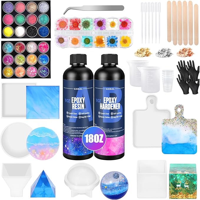 KISREL 18OZ Epoxy Resin Kit for Beginner, Resin Kit with Molds and Supplies | Resin Kit with Molds, Dried Flowers, Measuring Cups and Resin Supplies