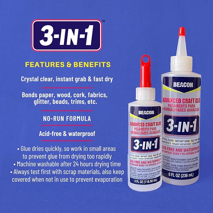BEACON 3-in-1 Advanced Craft Glue - Fast-Drying, Crystal Clear Adhesive for Wood, Ceramics, Fabrics, and More, 4-Ounce