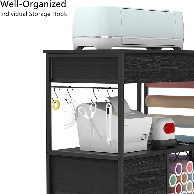 VENNQD Storage Cart Compatible with Cricut Machines Stand Cutting Machine Stand with Drawers and Vinyl Roll Holder Rolling Craft Cabinet Table for Cricut Craft Workstation for cart Craft Room (Black)