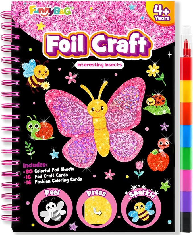 FUNNYB&G Foil Art Craft Kit for Kids, Sparkly Birthday Gift Toy for Girls | No Mess, Kids Ages 4-10 Create Sparkling Artwork, A Creative Gift for Birthdays, Holidays, Travel Activities,Screen-Free Fun