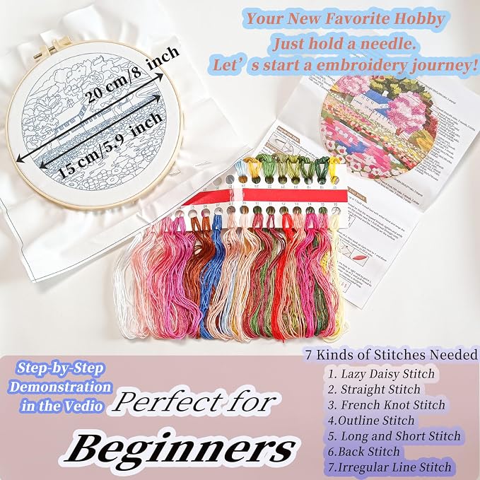 FONNUY Embroidery Kit for Beginners, Boho Nature Landscape Pre-Stamped Pattern Kits for Adults with Hoop, Easy to Follow Color Thread Needlework, 8'' Hoop (Mountain House)