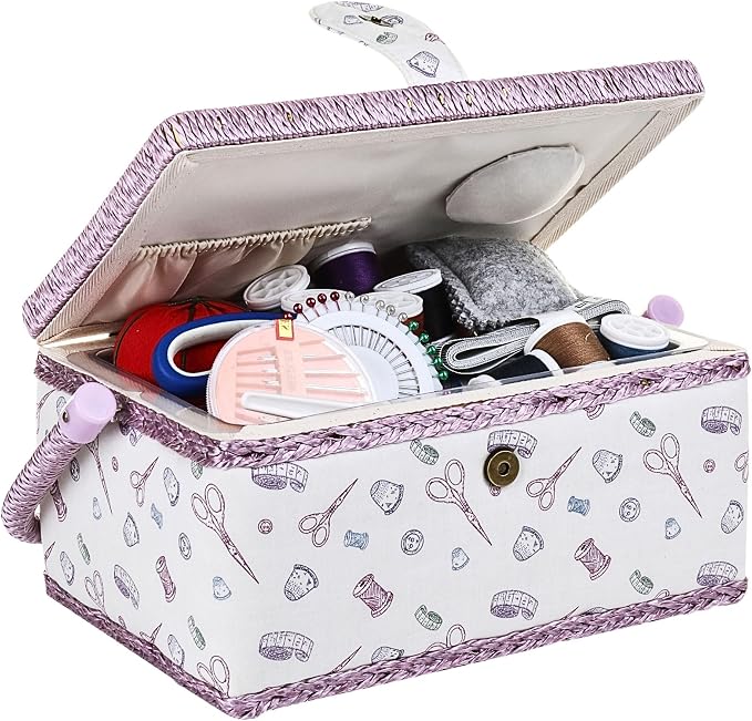 Large Wooden Sewing Basket with Accessories Sew Storage Organizer Box