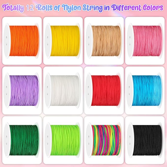 Selizo 12 Rolls Nylon String for Bracelets, Chinese Knotting Nylon Cord for Jewelry Making, Nylon Beading Thread for Kumihimo, Braided Bracelets, Necklaces, Macrame Craft, Wind Chime