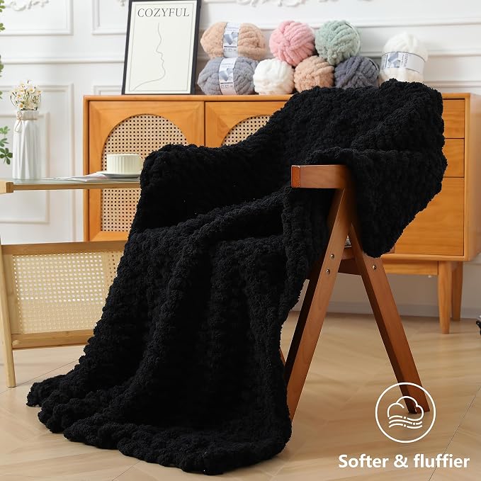 Cozyful Chunky Yarn for Hand Knitting - #10 Chunky Chenille Yarn, Jumbo Big Thick Chunky Yarns for Crocheting, Super Bulky Chunky Knit Blanket Yarns, 8 Skein (22 yds 8 oz Each Skein), Black