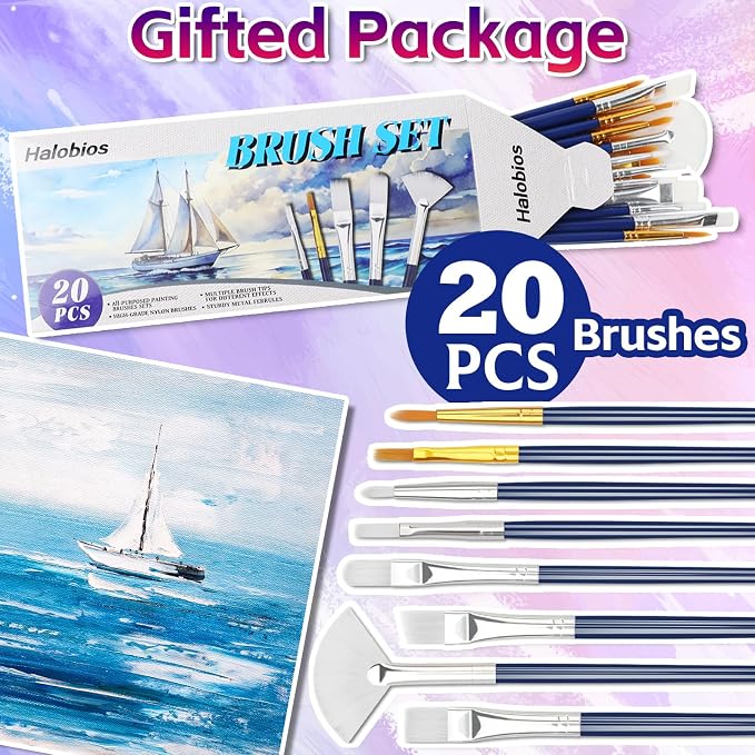 Halobios Paint Brushes Set, 20PCS Painting Brushes Different Types of Brushes for Acrylic Paint, Watercolor, Oil, Paint Brushes Bulk for Nail, Face Art, Craft, Rock Painting and School Project