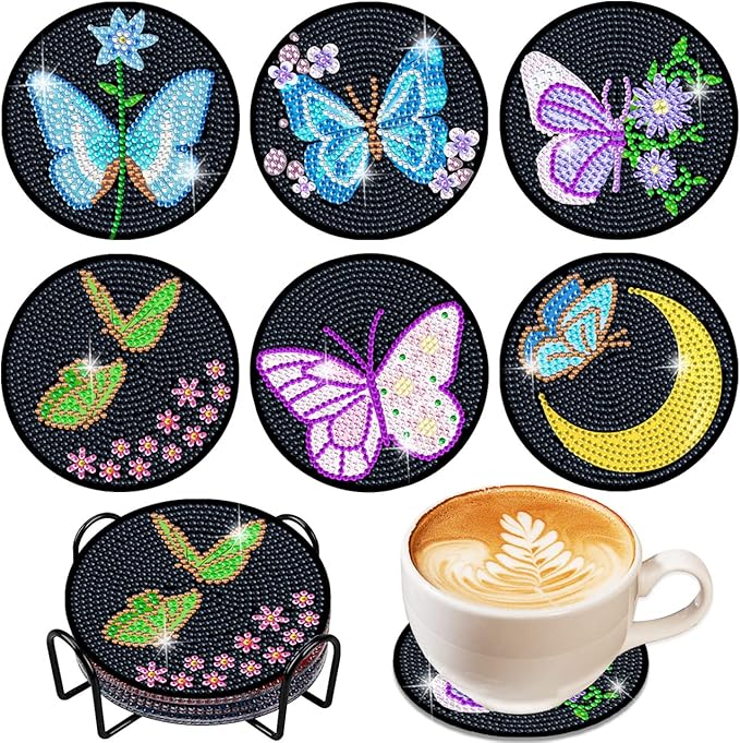 Vcekract 6 Pcs Butterfly Diamond Art Coasters Kit for Adults | Diamond Painting Coasters with Holder & Protective Backing, Diamond Art Adult Crafts for Table Home Decoration