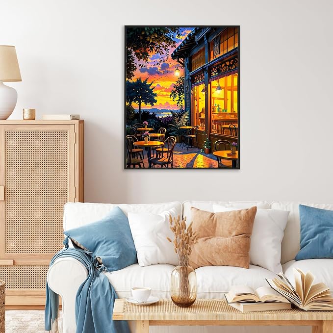 Paint by Numbers Kit for Adults, Sunset Café Number Painting Canvas Kit | DIY Acrylic Painting Set for Beginners, Stress Relief Relaxing Craft, Home Wall Decor, Holiday Gift for Adults, 16x20 Inch