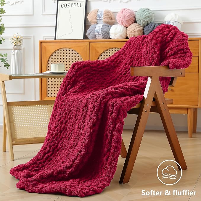 Cozyful Chunky Yarn for Hand Knitting - #10 Chunky Chenille Yarn, Jumbo Big Thick Chunky Yarns for Crocheting, Super Bulky Chunky Knit Blanket Yarns, 8 Skein (22 yds 8 oz Each Skein), Cherry Red