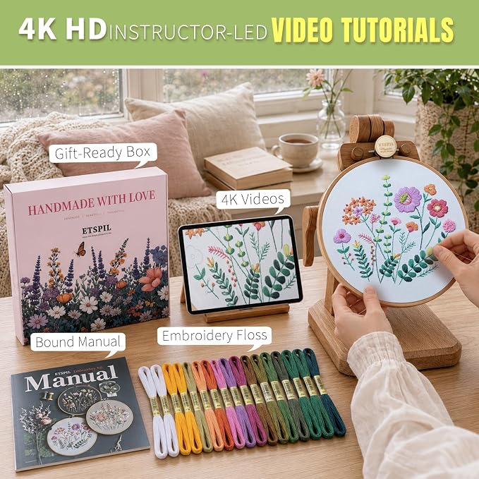 ETSPIL Embroidery Kit for Beginners, 11 Stitches, Easy to Follow, 4K Video | Pre-Printed Fabric, No-Wash. Bound Manual, Step-by-Step. 16 Needles, 14 Colors, 20% Extra. All in One Box. Quiet Time at Home
