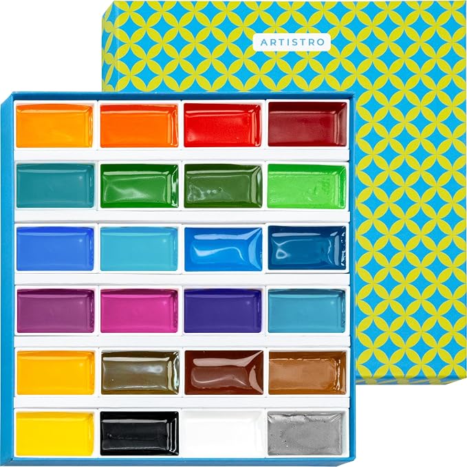 ARTISTRO Professional Watercolor Paint Set for Adults - 24 Pigment-Rich Colors, XL Pans, ASTM-I Lightfastness, High Tinting Strength Watercolor Set for Professionals made by Professionals